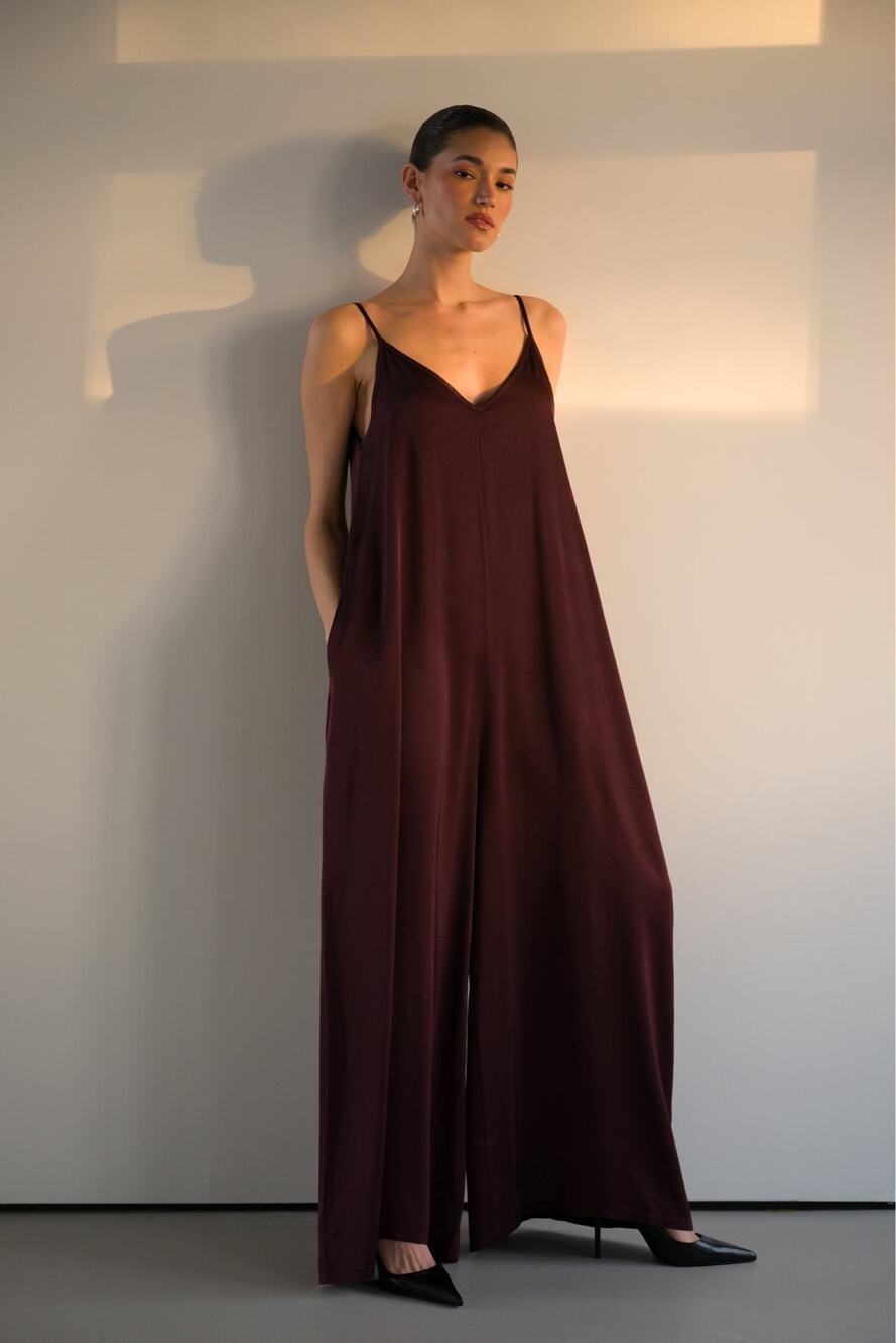 JAKI London Audrey Satin Wide Leg Jumpsuit Plum 100% Viscose Made Italy L/XL